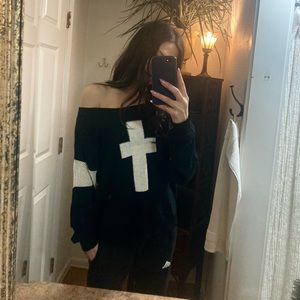 Black sweater loose knit details off shoulder medium long sleeve comfy womens